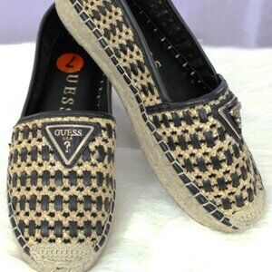 NEW Guess Woven Raffia Espadrille Flats – Size 7 – Black & Natural Logo Slip-On